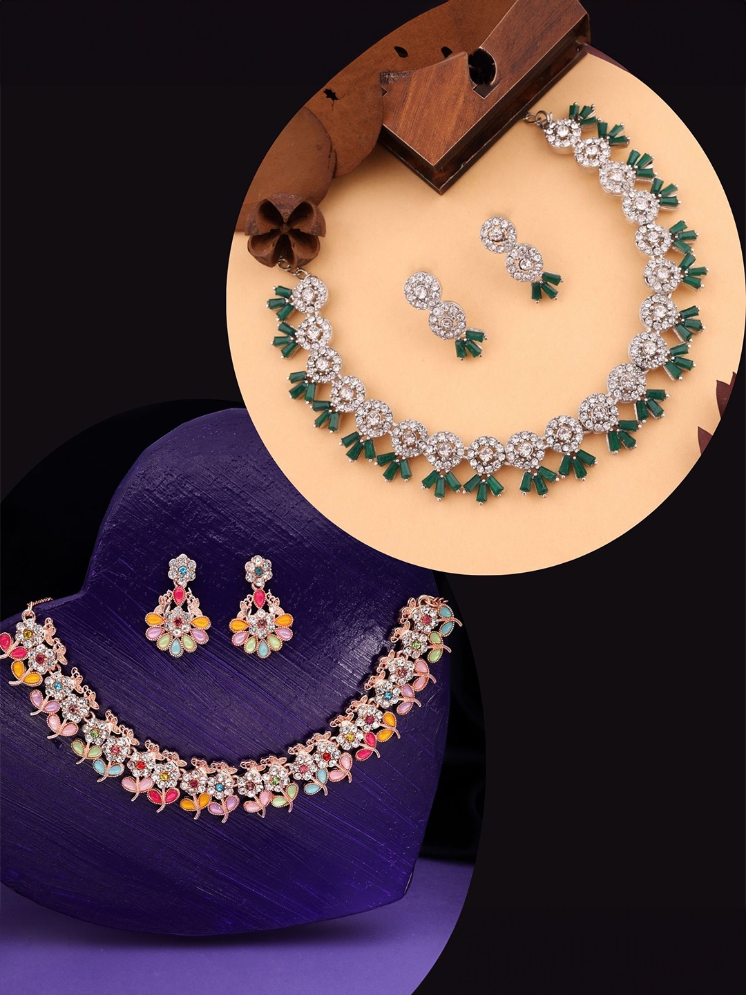 

DIVASTRI Set Of 2 Rose Gold & Silver-Plated American Diamonds Studded Jewellery Set