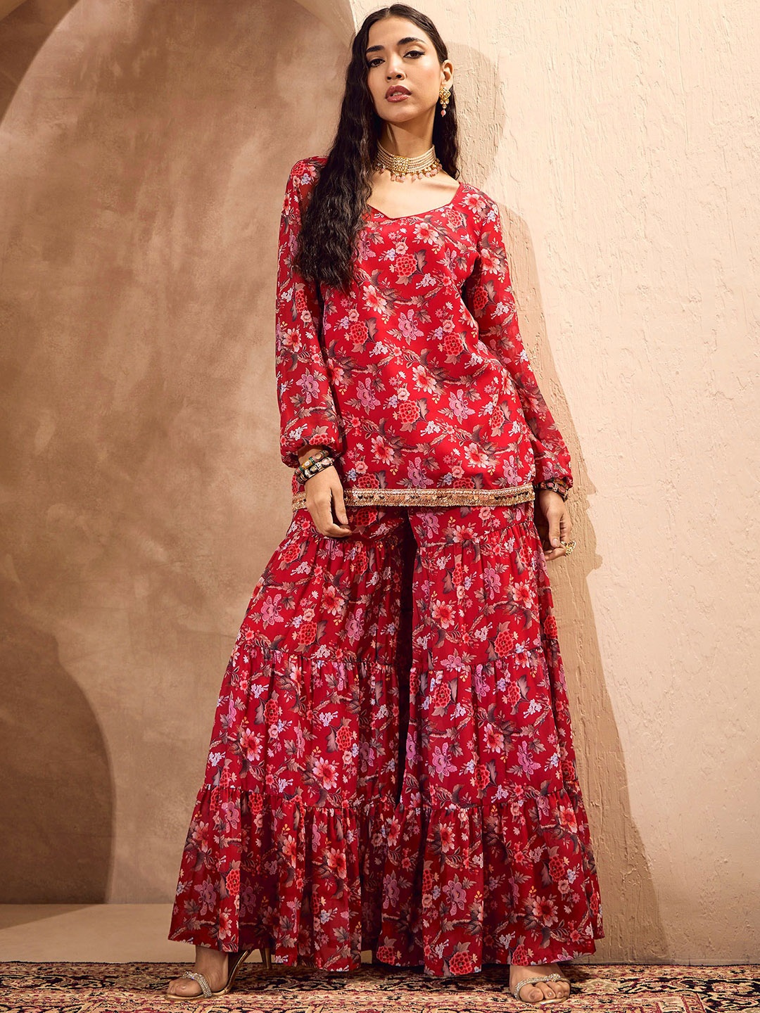 

Shae by SASSAFRAS Floral Printed Gotta Patti Straight Kurti with Sharara, Red