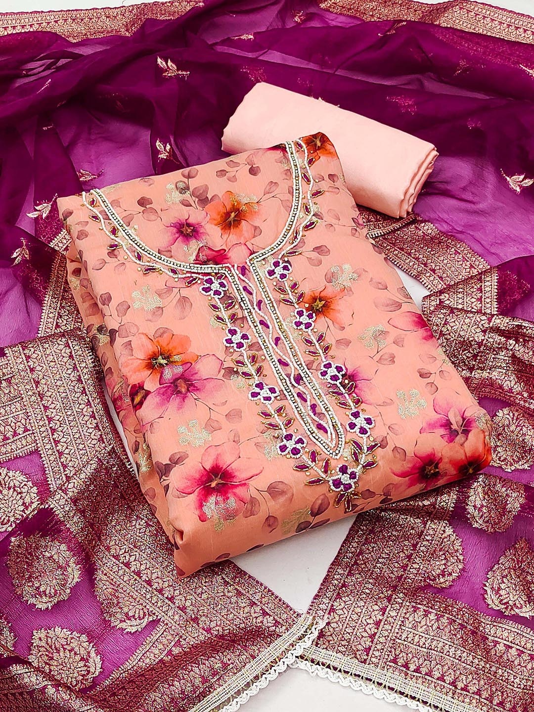 

SAINOOR Floral Printed Beads And Stones Organza Semi-Stitched Dress Material, Peach