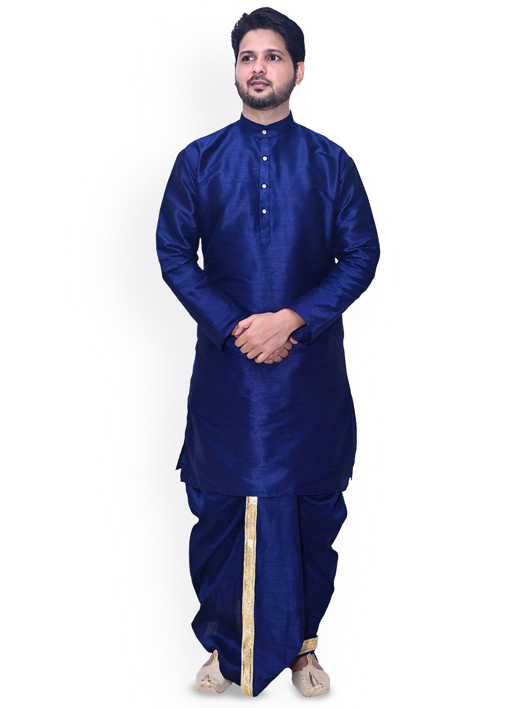 

Om Shubh Mangalam Band Collar Dupion Silk Straight Kurta With Dhoti Pants, Navy blue