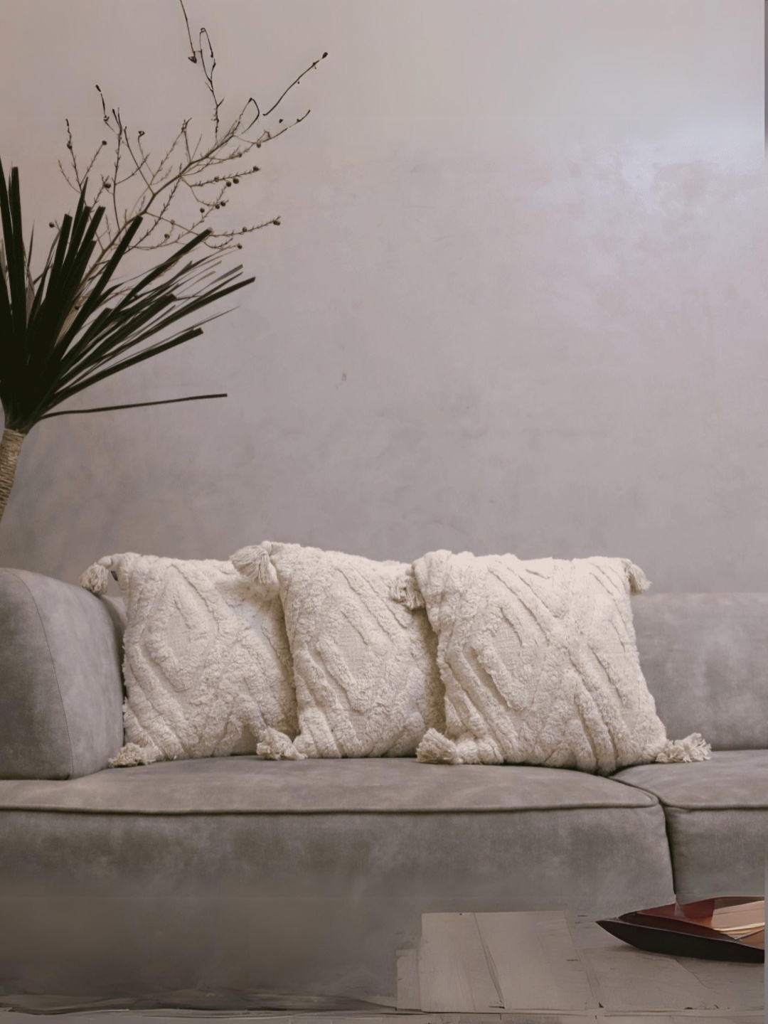 

LUSHLYF Off White Set of 3 Geometric Printed Cotton Square Cushion Covers