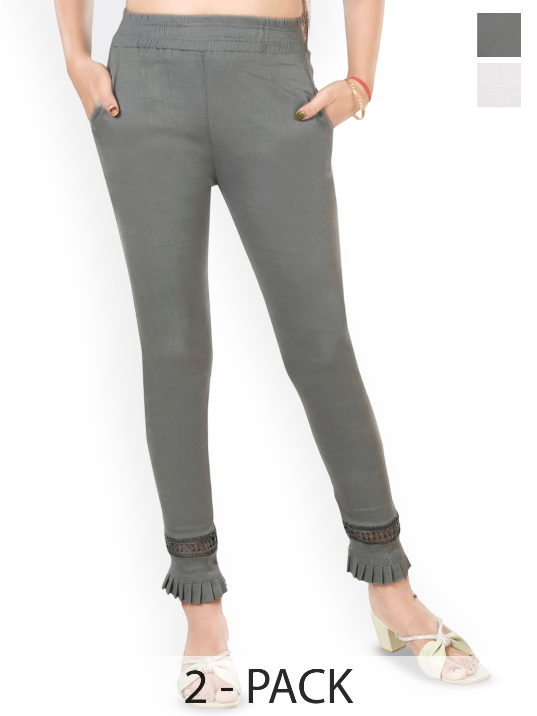 

Fessist Women Pack Of 2 Relaxed Slim Fit Easy Wash Pleated Cigarette Trousers, Multi