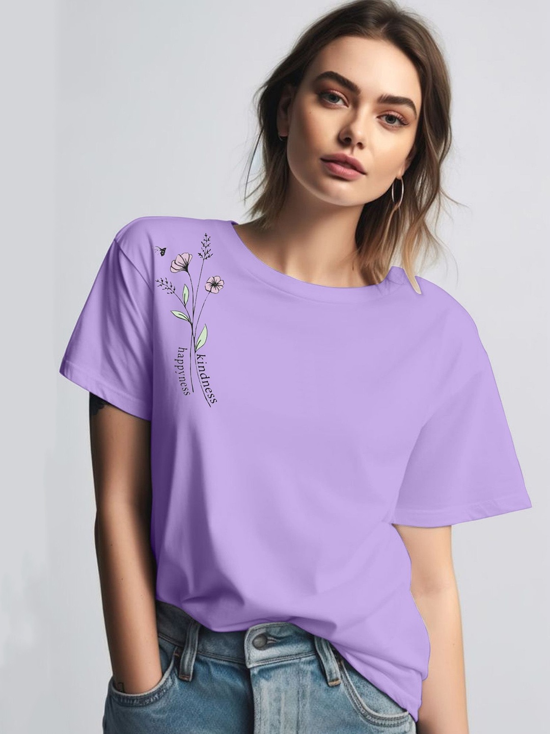 

Moda Rapido Women Floral Printed Round Neck Cotton T-shirt, Purple