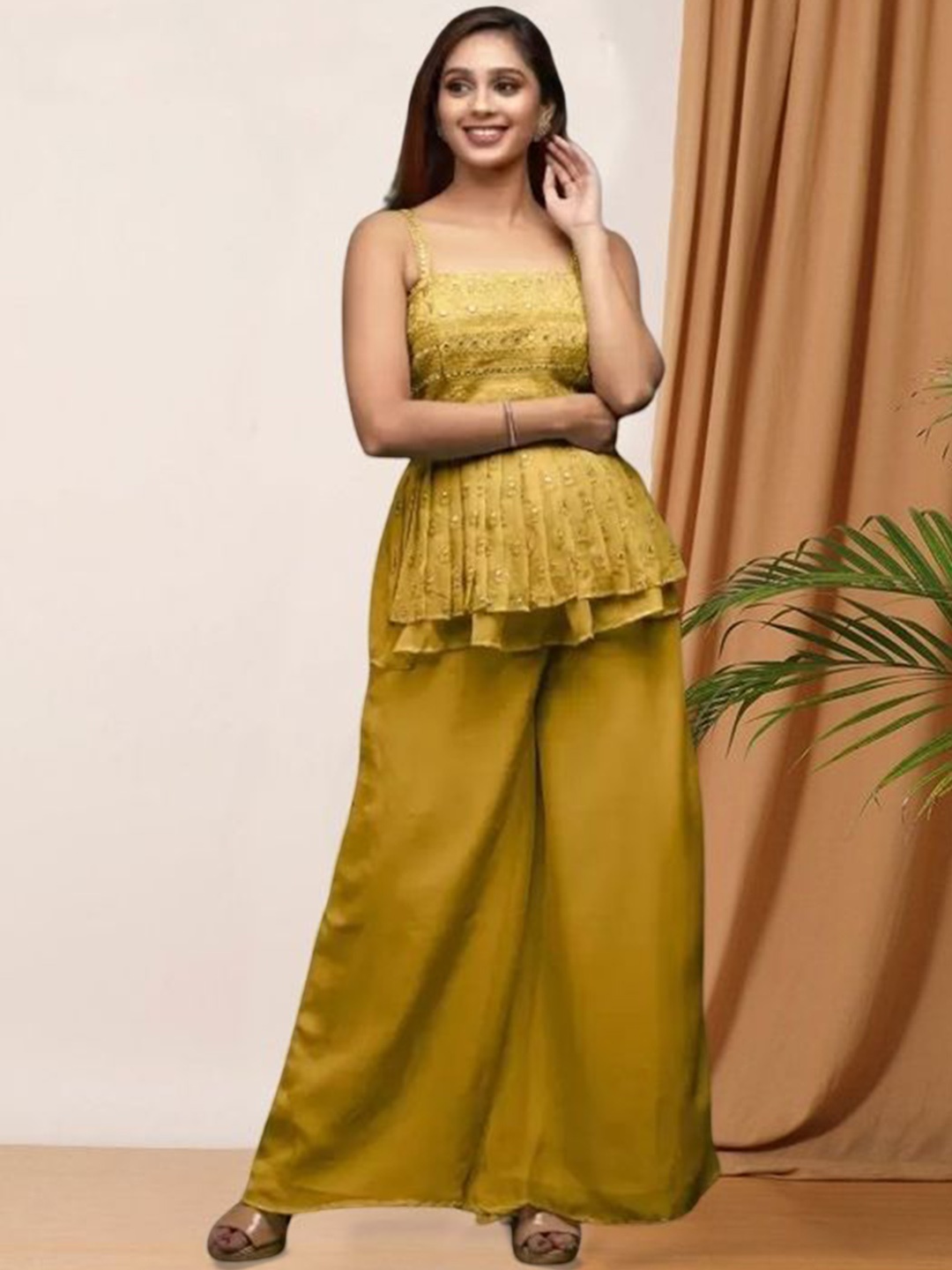 

PARROT CREATION Floral Embroidered Sequinned Georgette Kurti With Palazzos And Dupatta, Yellow