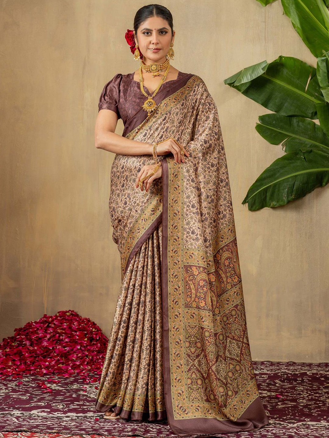 

Saree mall Kalamkari Pashmina Bagru Sarees, Beige