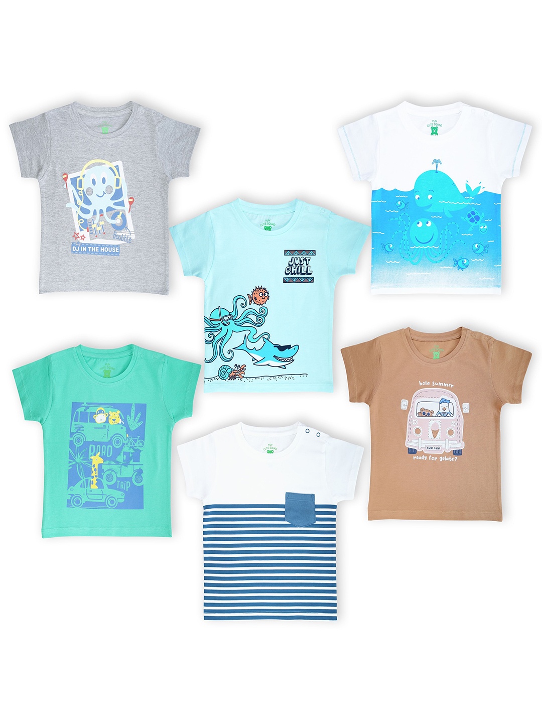 

YUV Kids Pack Of 6 Graphic Printed Round Neck Cotton T-shirts, Blue
