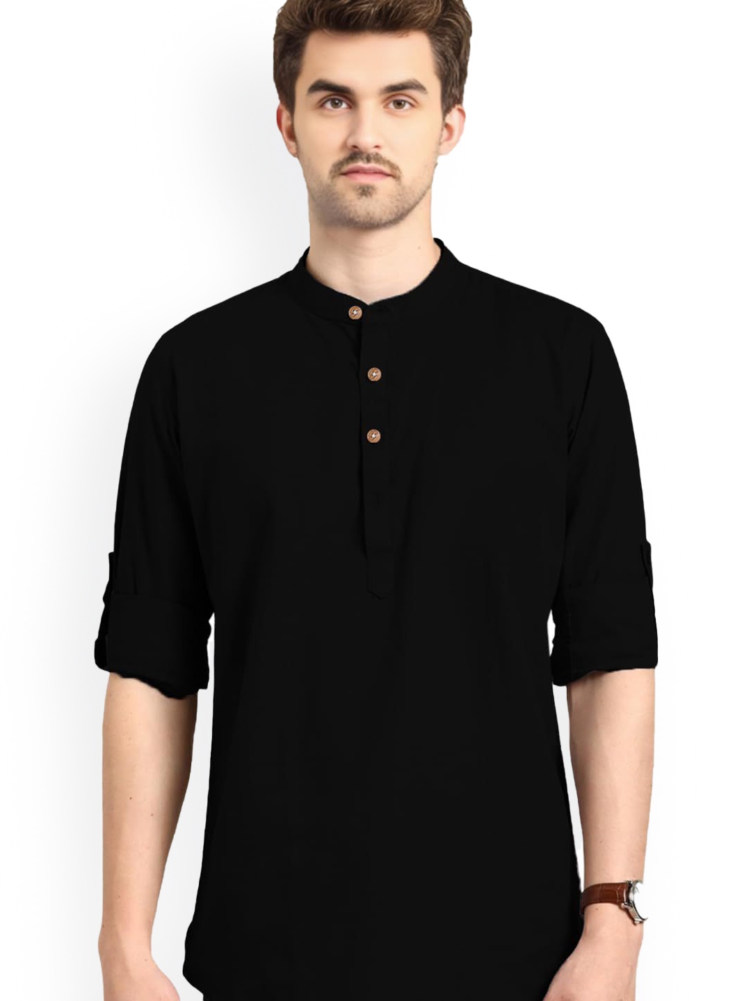 

Vida Loca Band Collar Pure Cotton Straight Short Kurta, Black