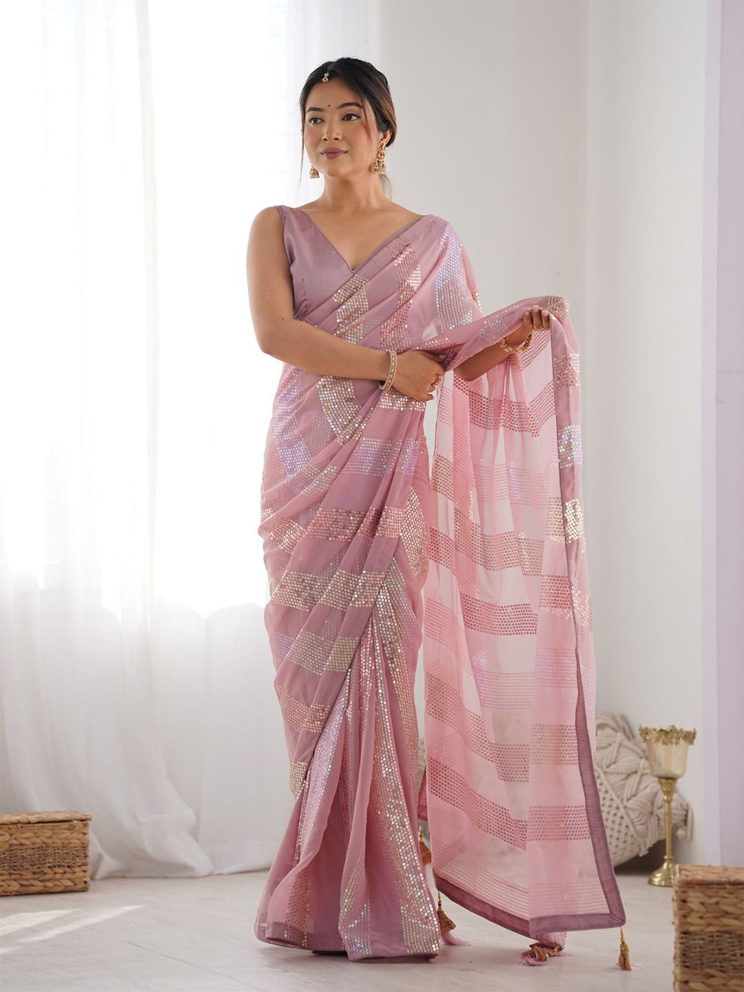 

ODETTE Pink Georgette Embellished Saree With Unstitched Blouse For Women