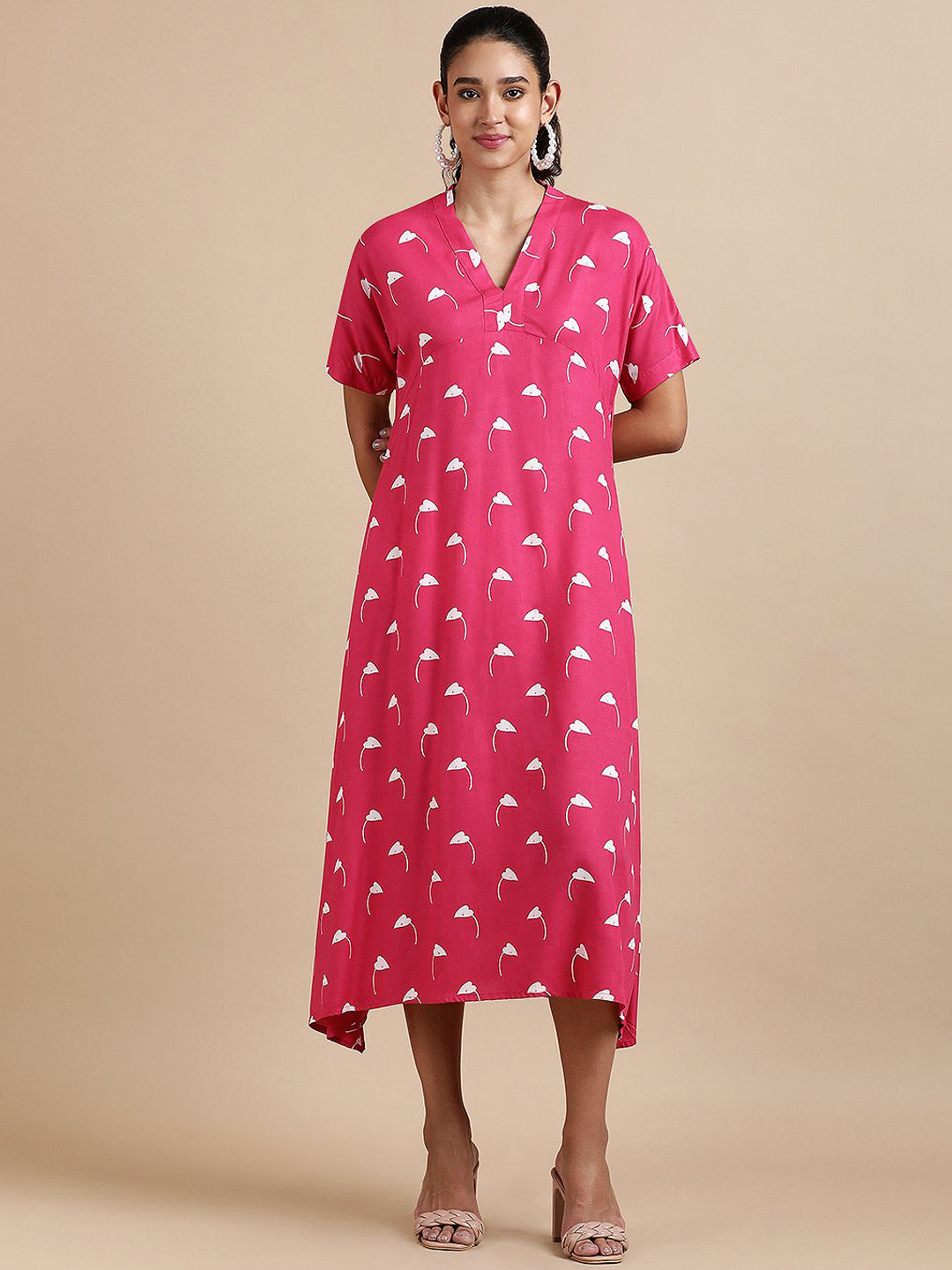 

BLACK & BLAH BLAH Printed A-Line Midi Ethnic Dress, Pink