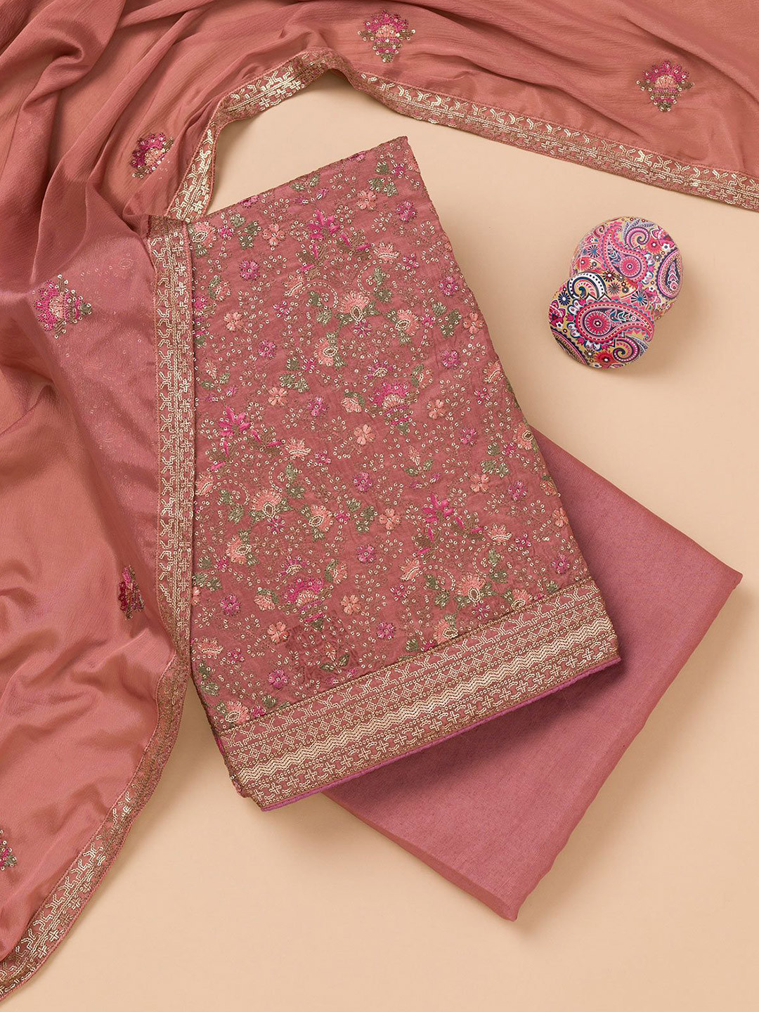 

Koskii Floral Embroidered Unstitched Dress Material, Rust