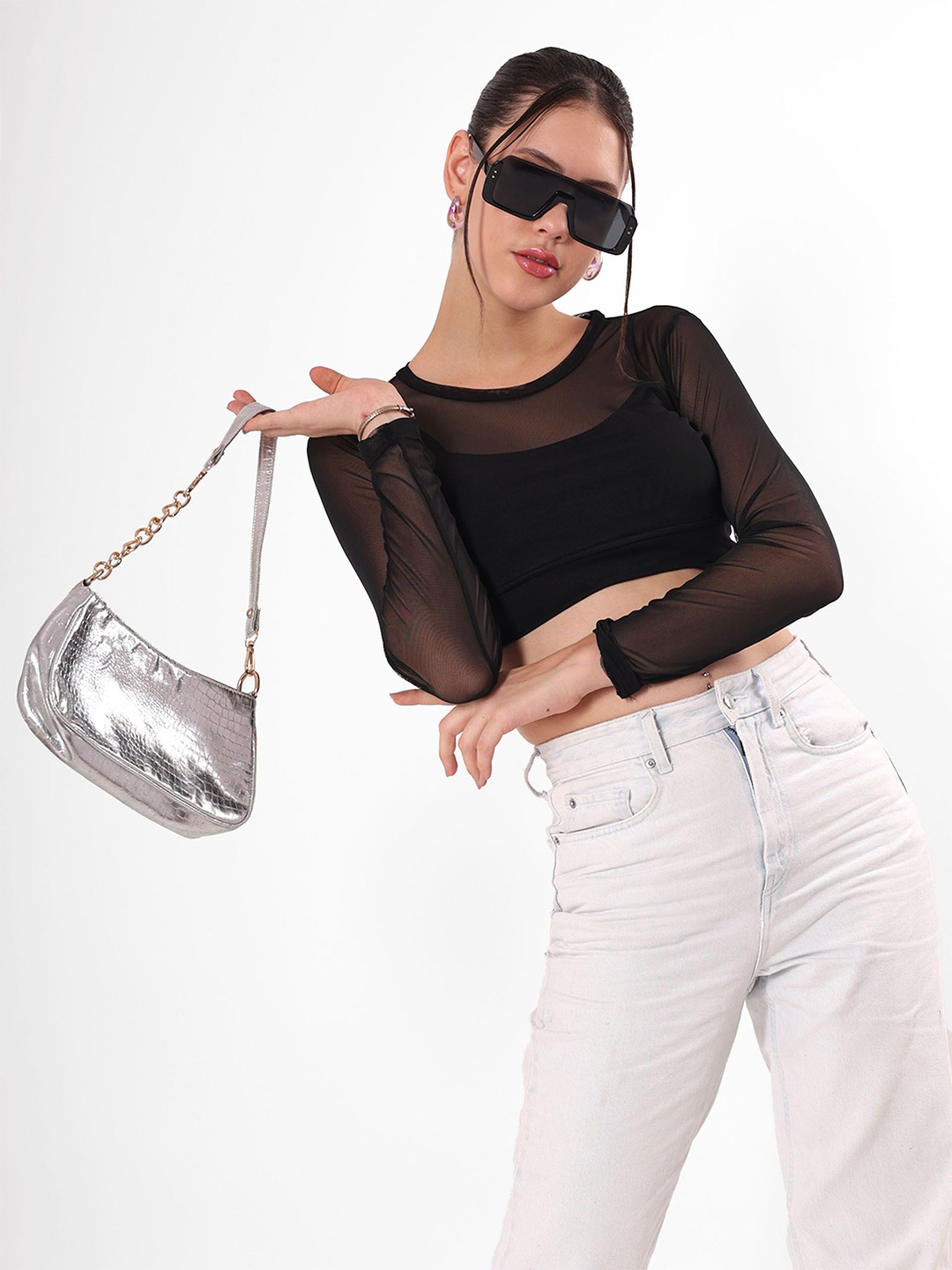 

clobug Sheer Women Net Sheer Fitted Crop Top, Black