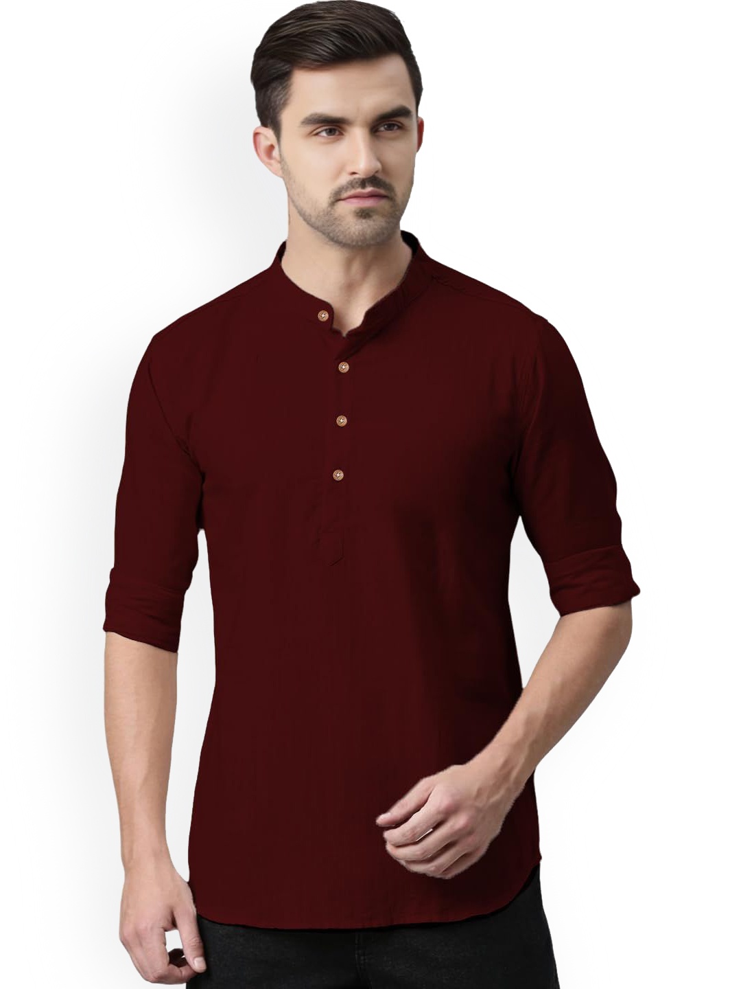 

Vida Loca Band Collar Pure Cotton Straight Short Kurta, Maroon