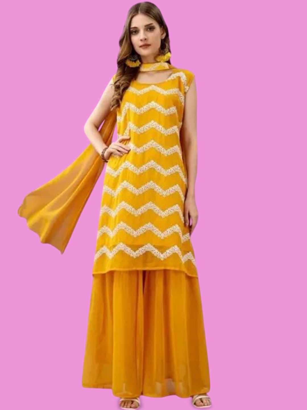 

PARROT CREATION Embroidered Straight Sequinned Kurti With Sharara And Dupatta, Yellow