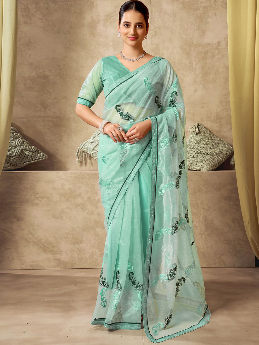 

Mitera Ethnic Motifs Embroidered Supernet Designer Saree, Blue