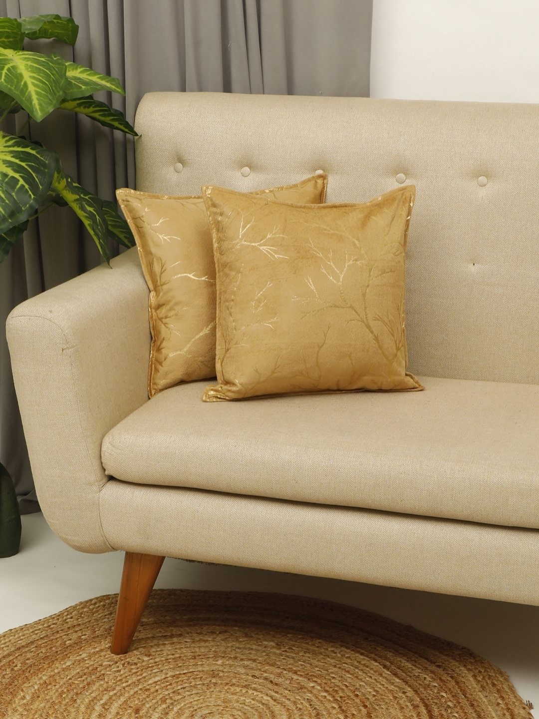 

THE CONVERSION Beige 2 Pieces Floral Foil Printed Velvet Square Cushion Covers