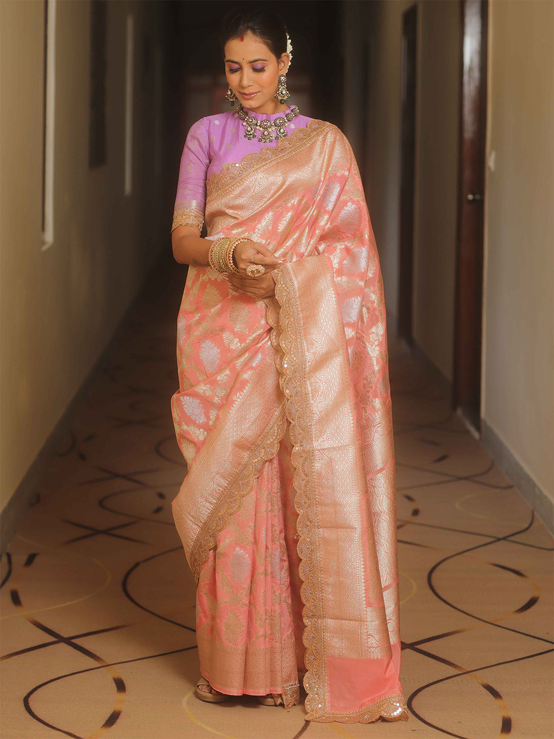 

Banarasee Woven Design Zari Poly Georgette Banarasi Saree, Pink