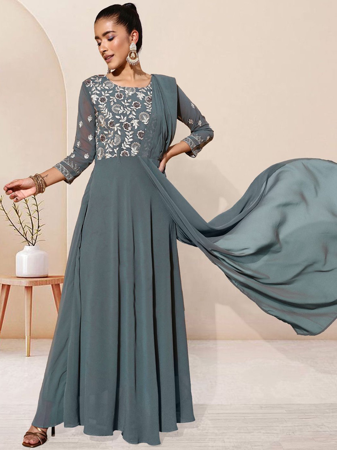 

Sangria Sequence Embroidered Draped A-Line Gown Ethnic Dress, Grey