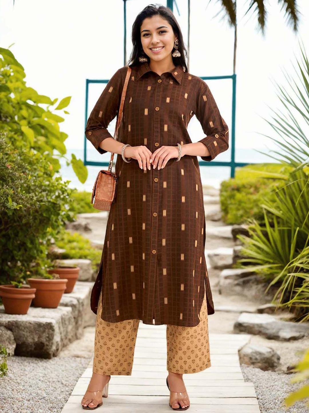 

Anouk Geometric Woven Design Shirt Collar Straight Kurta With Palazzo, Brown