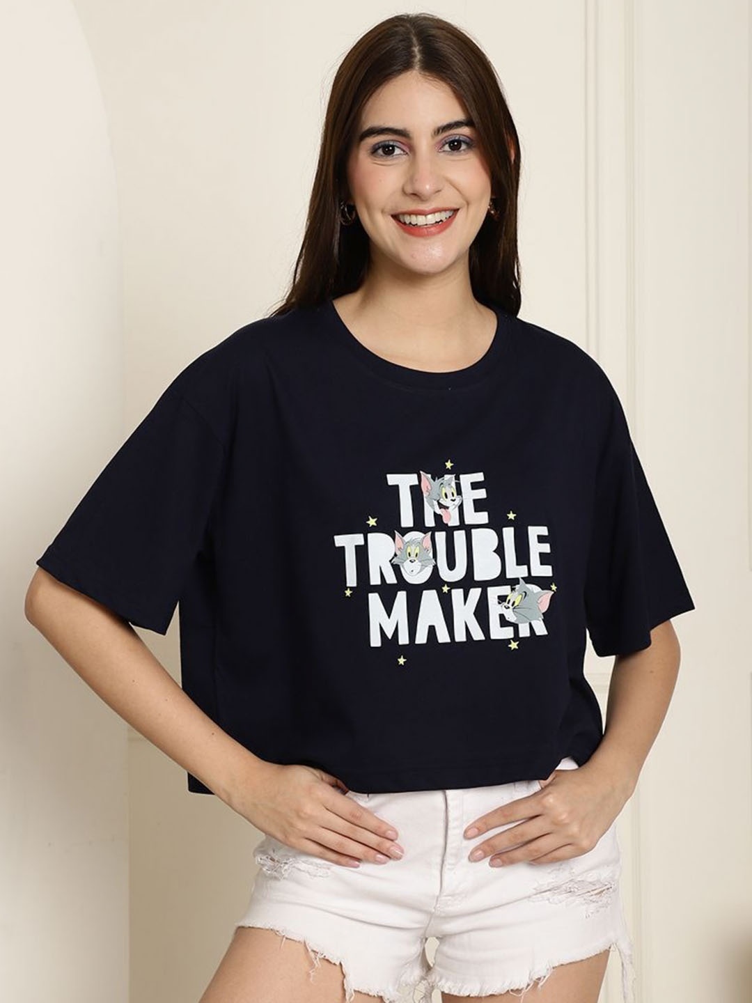 

Dreambe Women Typography Printed Round Neck Cotton Boxy T-shirt, Navy blue