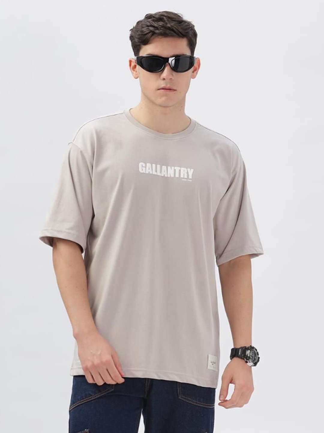 

COLOR HUNT Men Graphic Printed Round Neck Cotton Oversized T-shirt, Cream