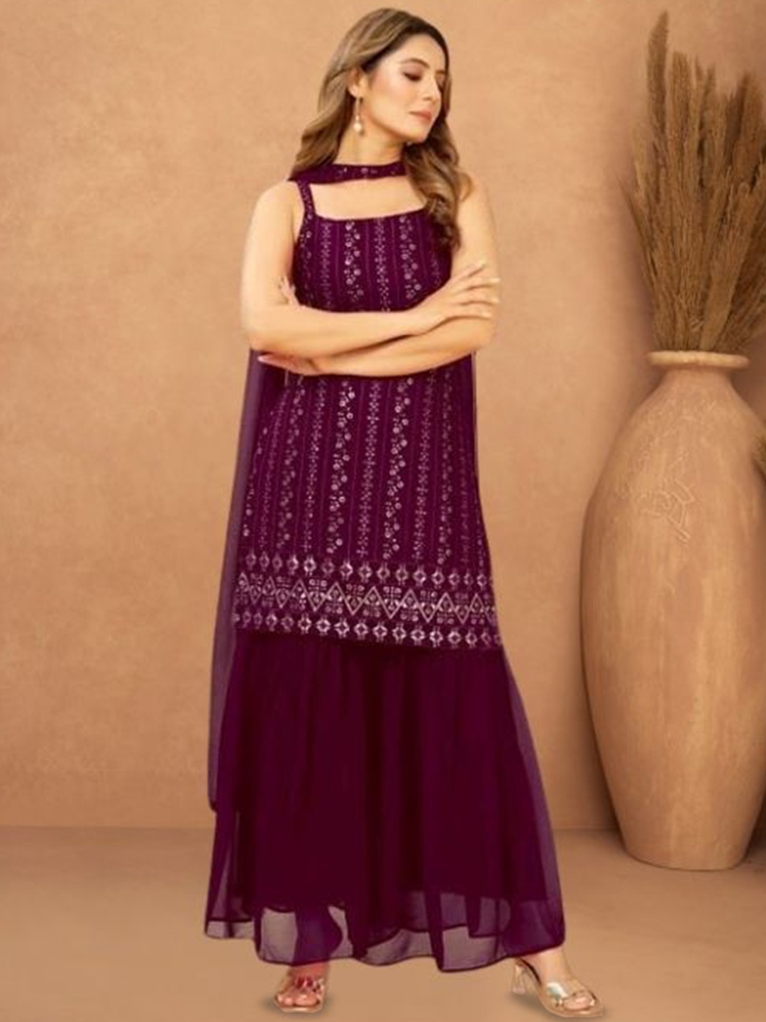 

PARROT CREATION Embroidered Straight Sequinned Kurti With Palazzos And Dupatta, Purple