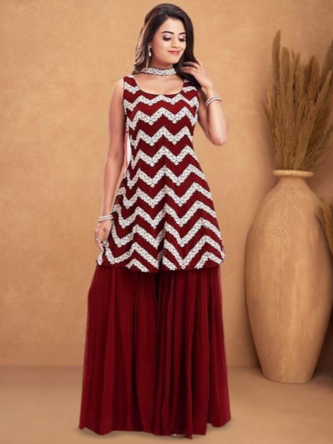 

PARROT CREATION Embroidered Straight Sequinned Kurti With Sharara And Dupatta, Maroon