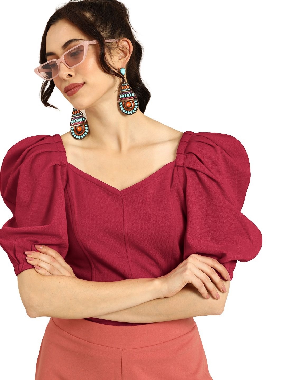

CORSICA Women V-Neck Extended Sleeves Pockets T-shirt, Maroon