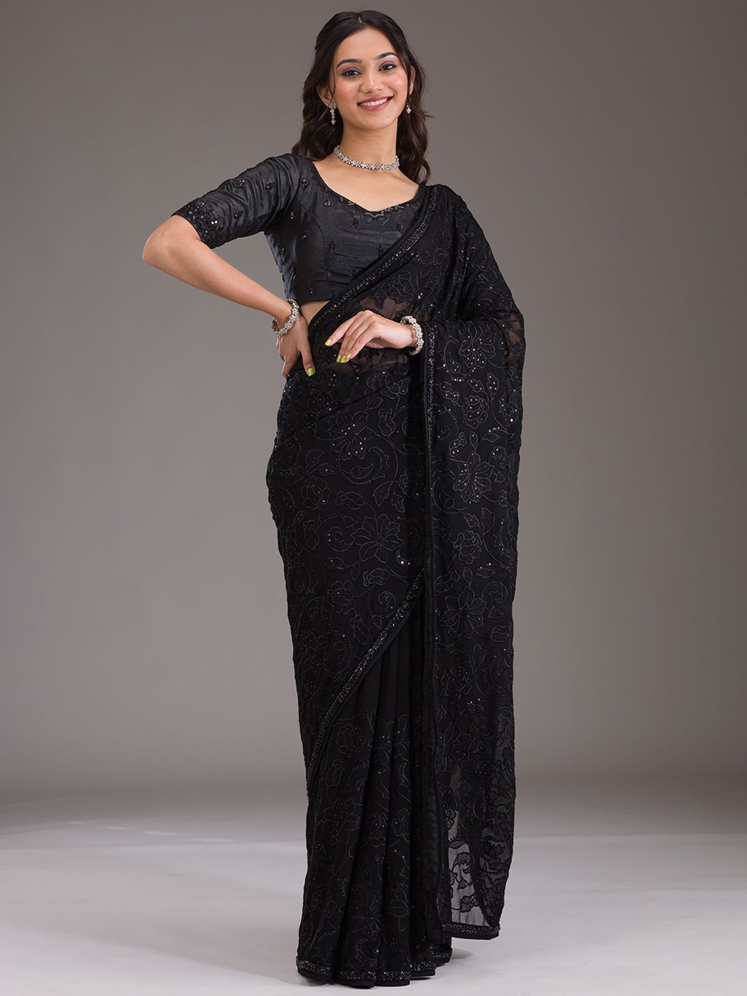 

Koskii Black Cutdana Tissue Saree
