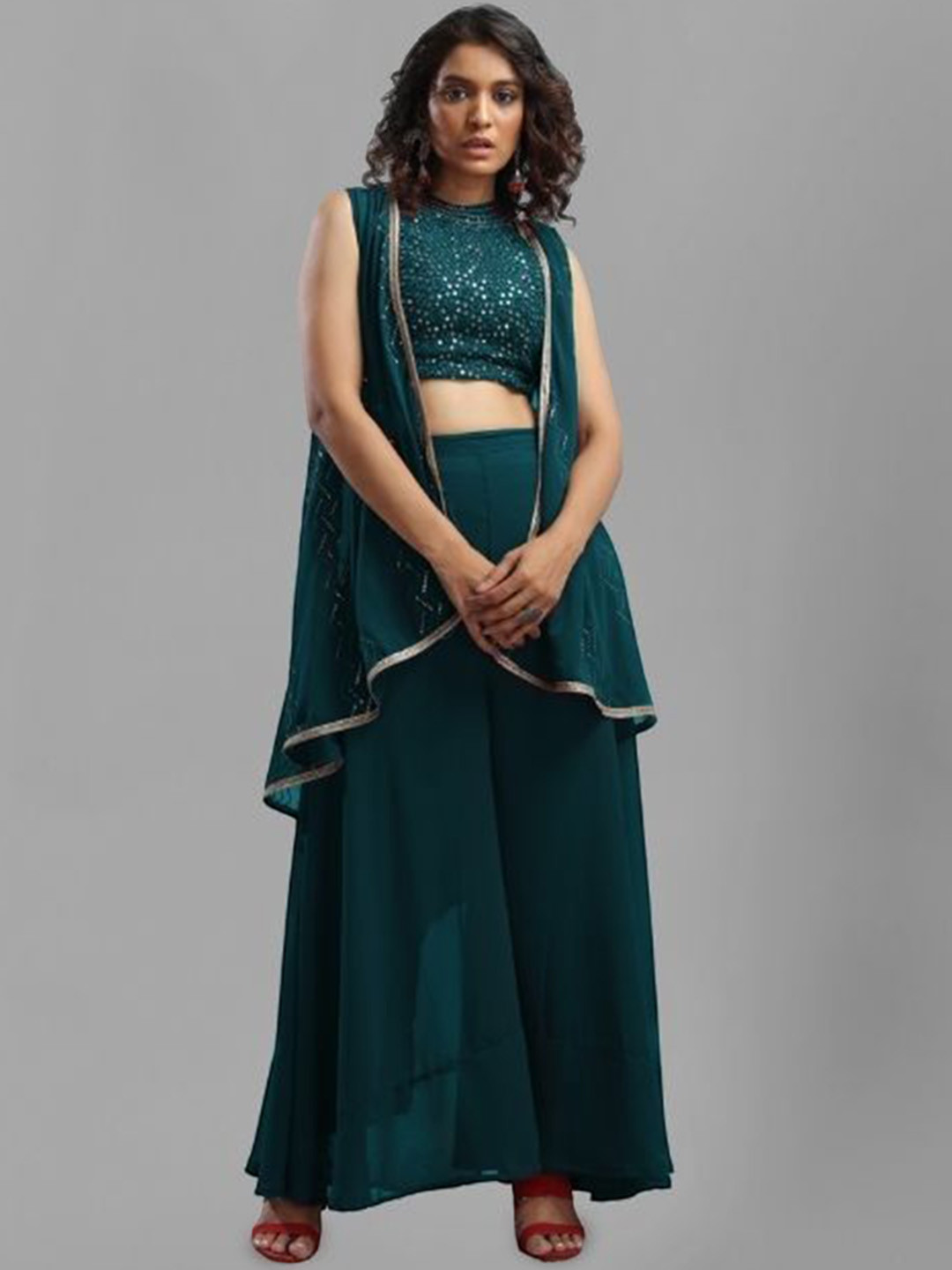 

PARROT CREATION Geometric Embroidered Halter Neck Georgette Crop Top With Palazzo & Shrug, Teal