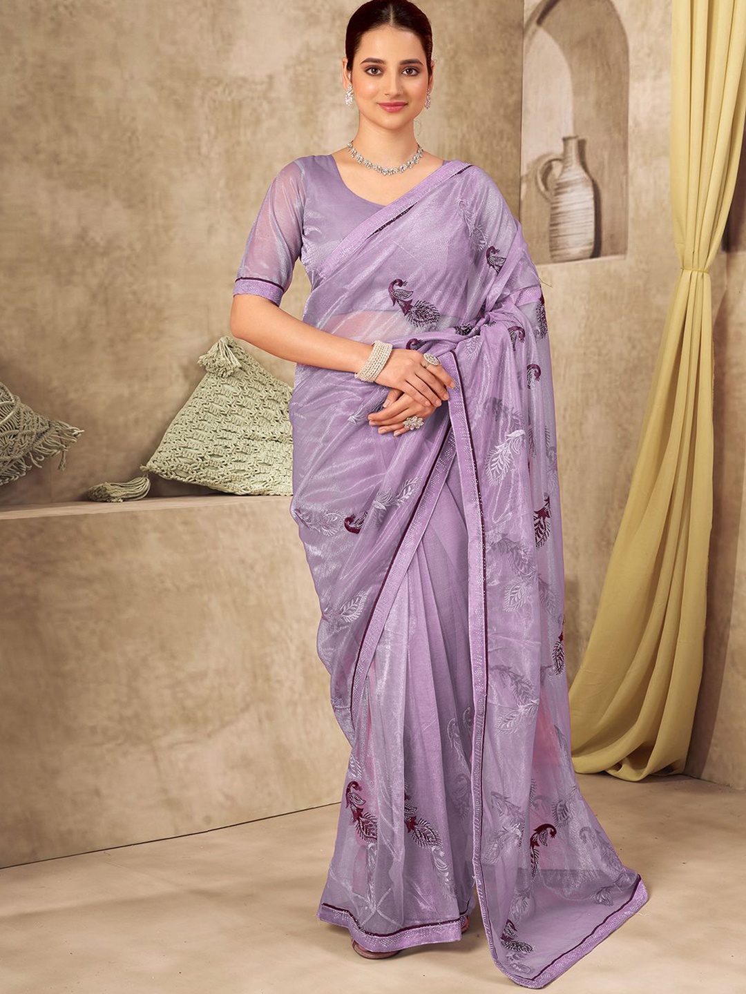 

Mitera Ethnic Motifs Embroidered Supernet Designer Saree, Purple