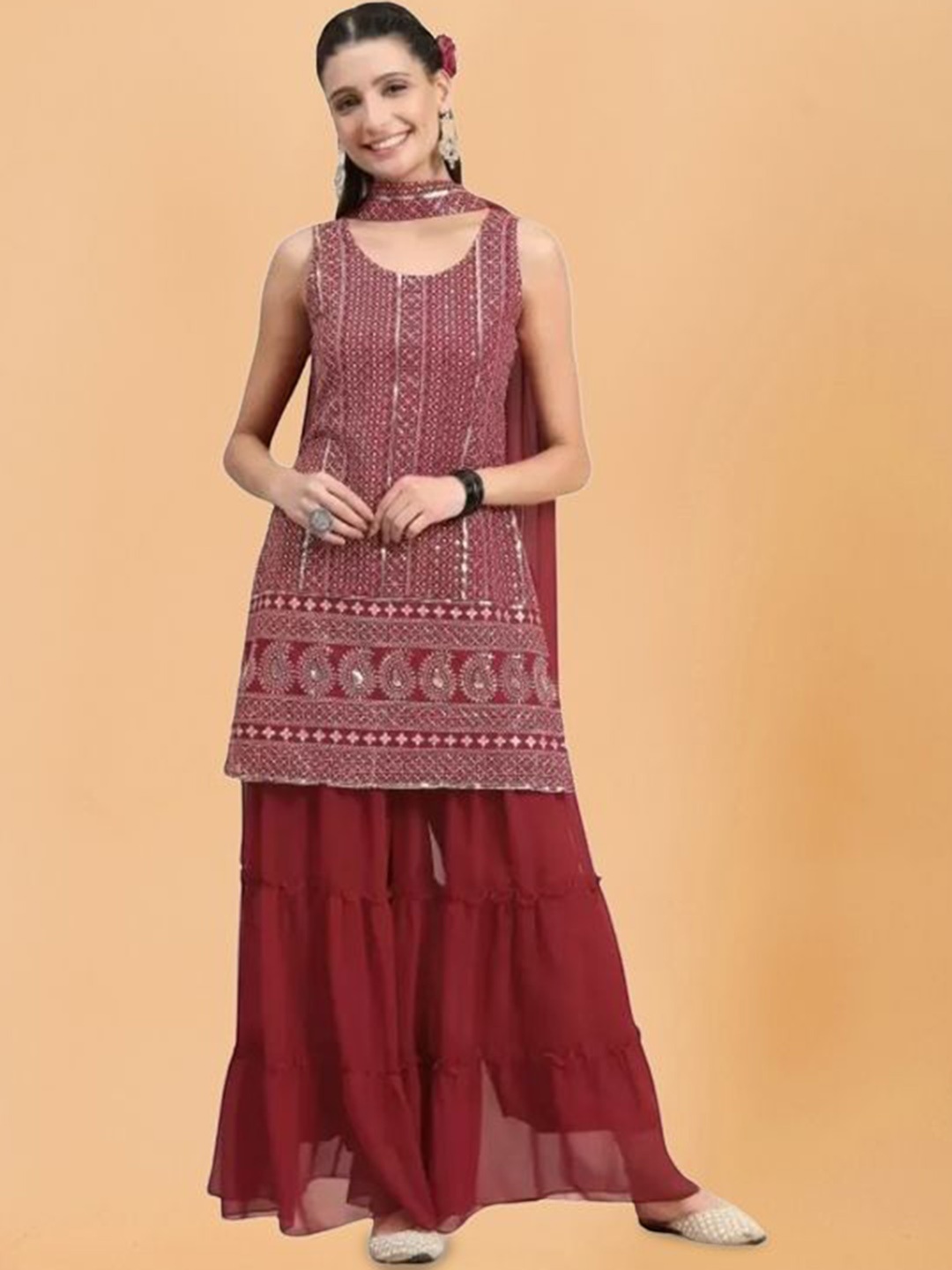 

PARROT CREATION Women Embroidered Regular Sequinned Kurta with Sharara & With Dupatta, Maroon