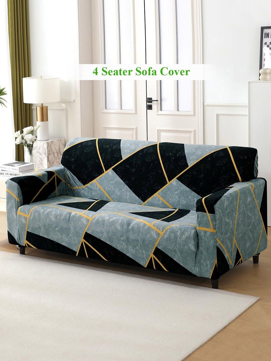 

HOKIPO Blue & Black Printed 4 Seater Sofa Cover With Arms