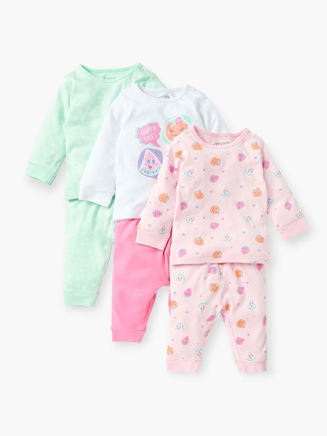 

Juniors by Babyshop Girls Pack Of 3 Printed Round Neck Pure Cotton T-shirt With Pyjamas, Pink