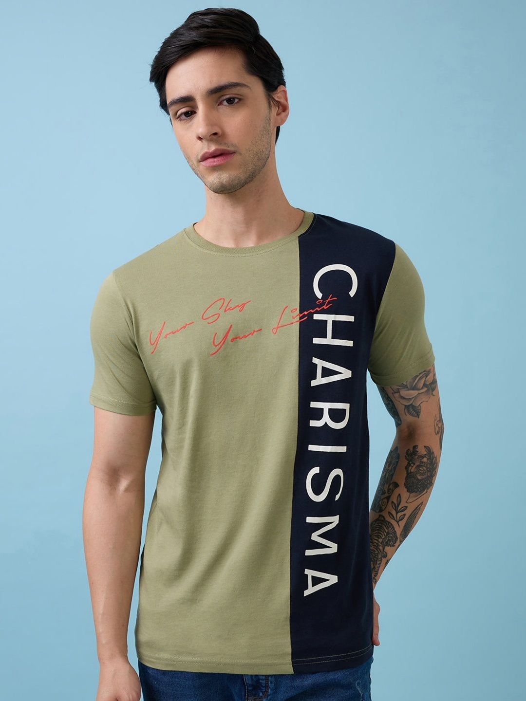 

Status Quo Men Regular Fit Colourblocked Round Neck T-shirt, Olive