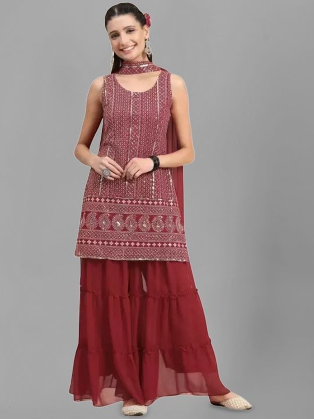 

PARROT CREATION Women Embroidered Regular Sequinned Kurti with Sharara & With Dupatta, Maroon