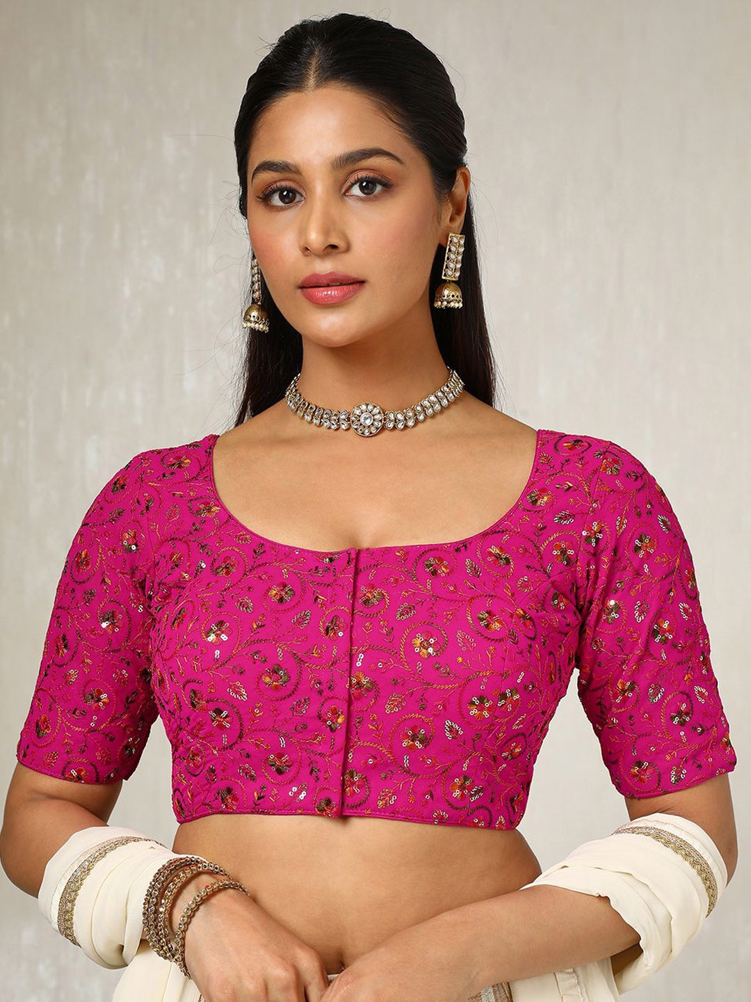 

Soch Embroidered U Neck Saree Blouse With Sequins, Fuchsia