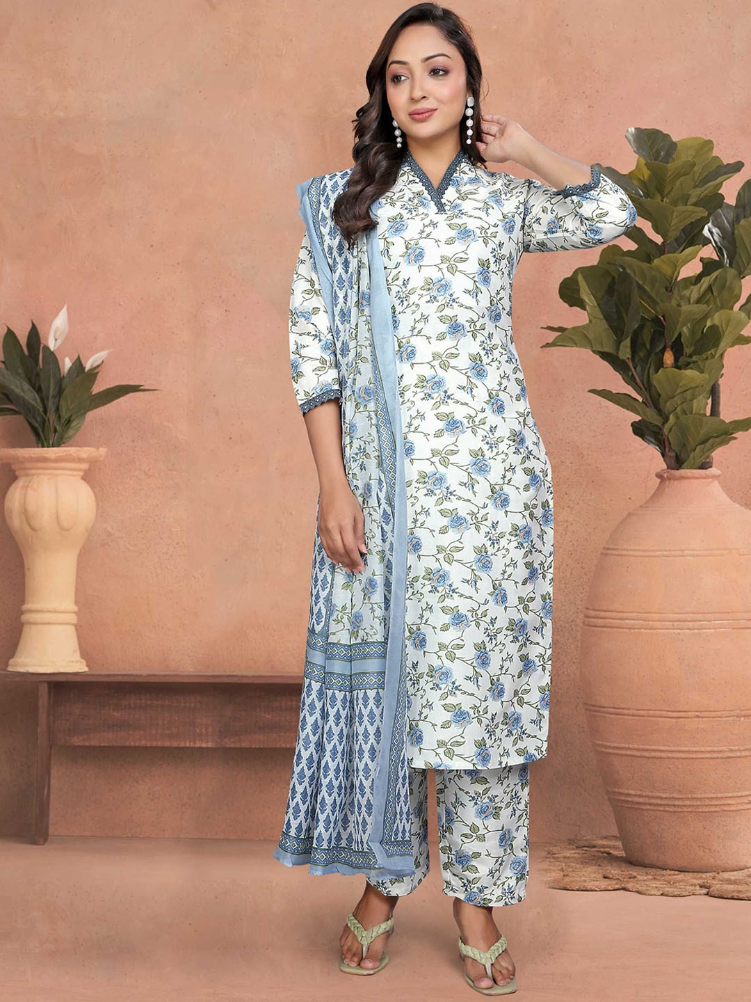 

LeeliPeeri Designer Floral Printed V Neck Pure Cotton Kurta With Trousers & Dupatta, Blue