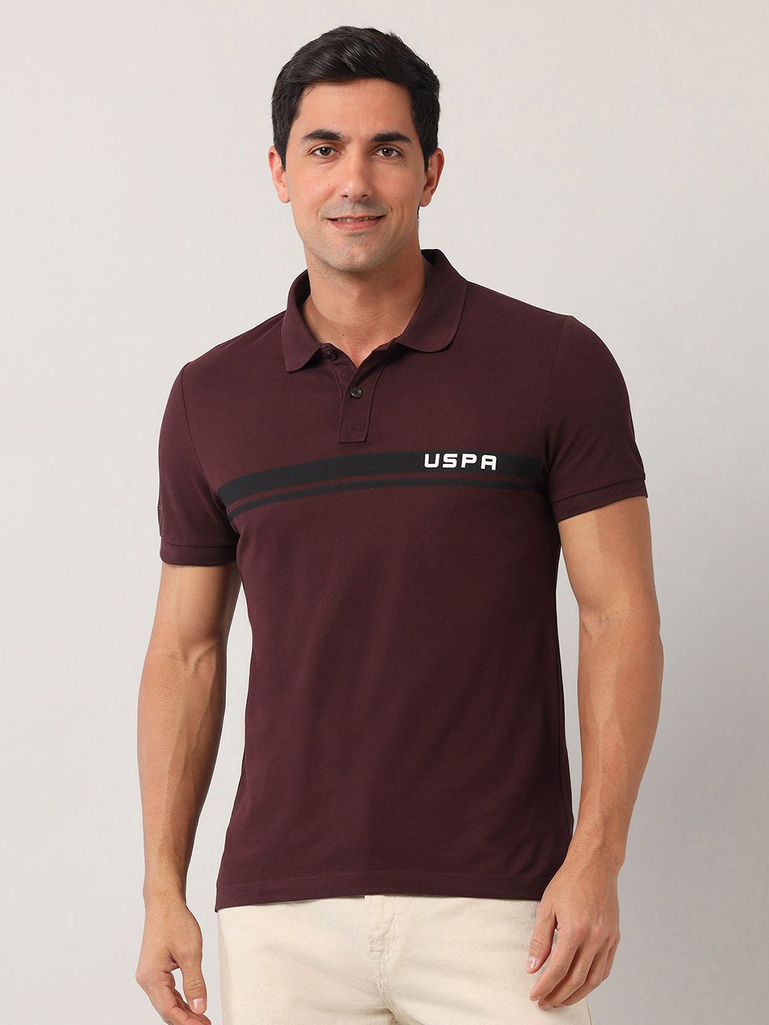 

U.S. Polo Assn. Denim Co. Men Striped Polo Collar Cotton Slim Fit T-shirt, Burgundy
