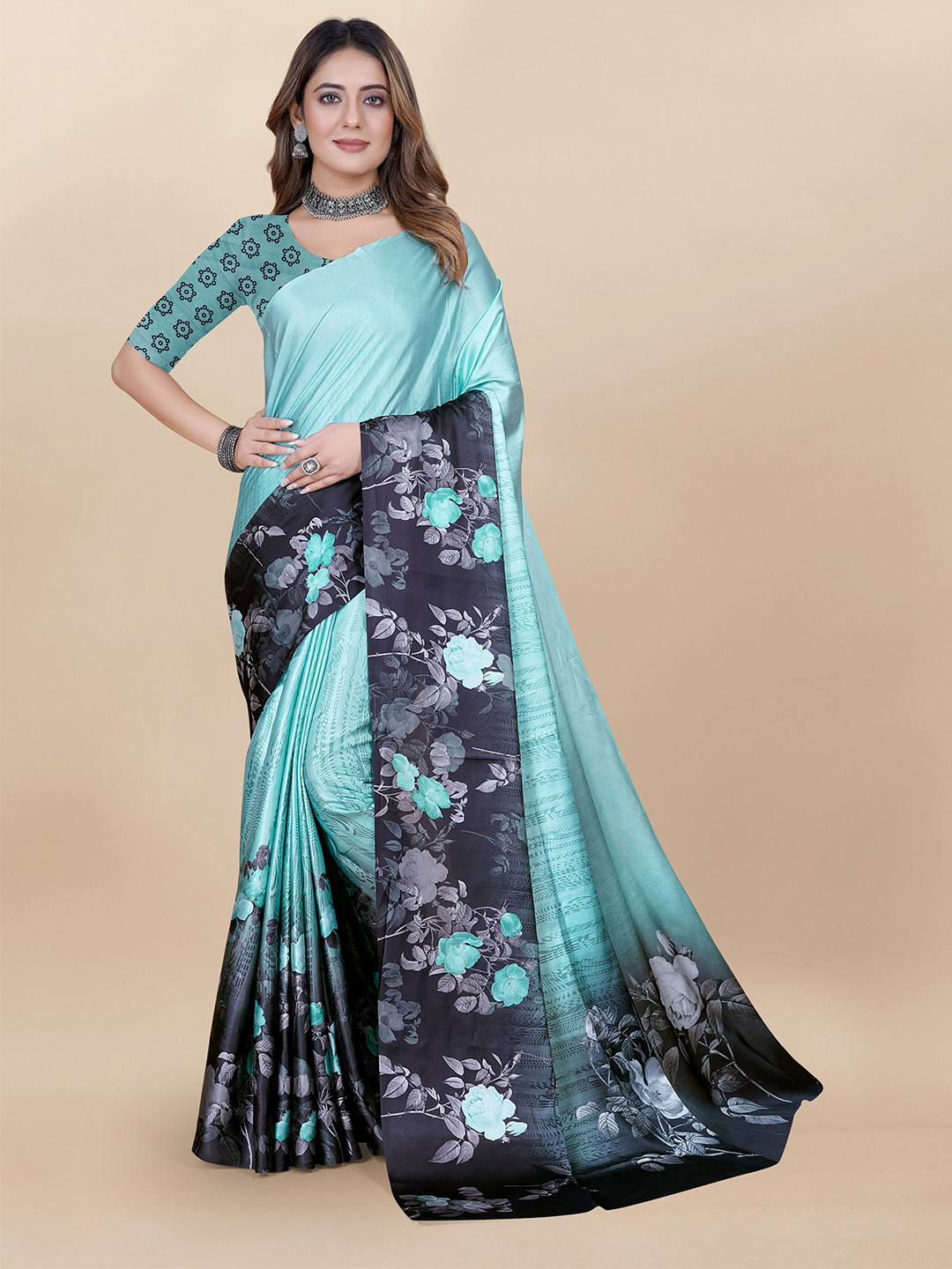

DIVASTRI Floral Satin Saree, Blue