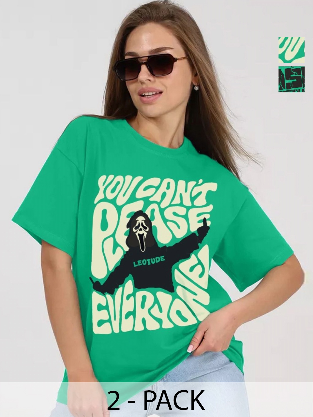 

Leotude Women Pack Of 2 Graphic Printed Round Neck Cotton Oversized T-shirts, Green
