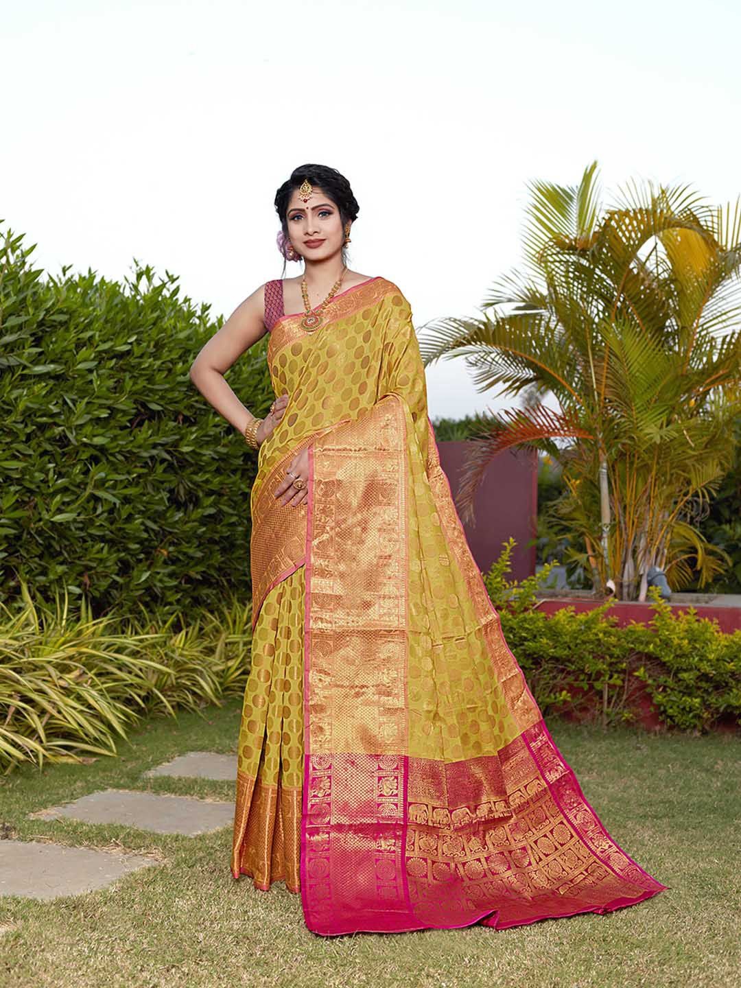

JUST FASHION Woven Design Zari Banarasi Saree, Yellow