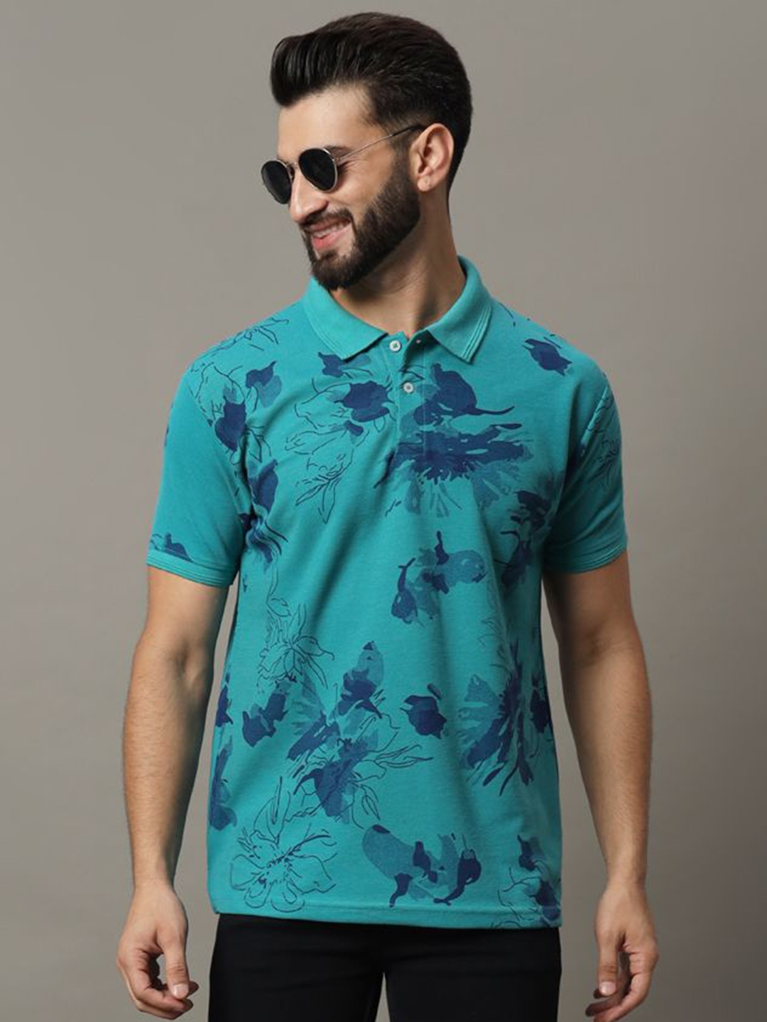 

R.ARHAN PREMIUM Men Floral Printed Polo Collar Cotton T-shirt, Teal