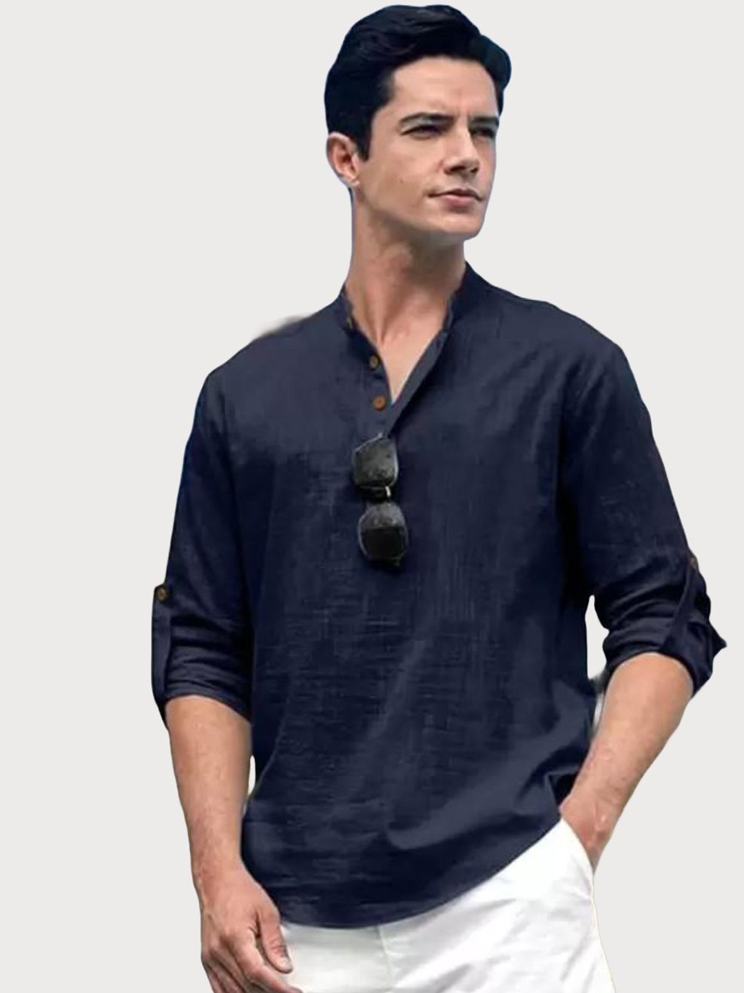 

LIFE ROADS Mandarin Collar Cotton Straight Short Kurta, Navy blue