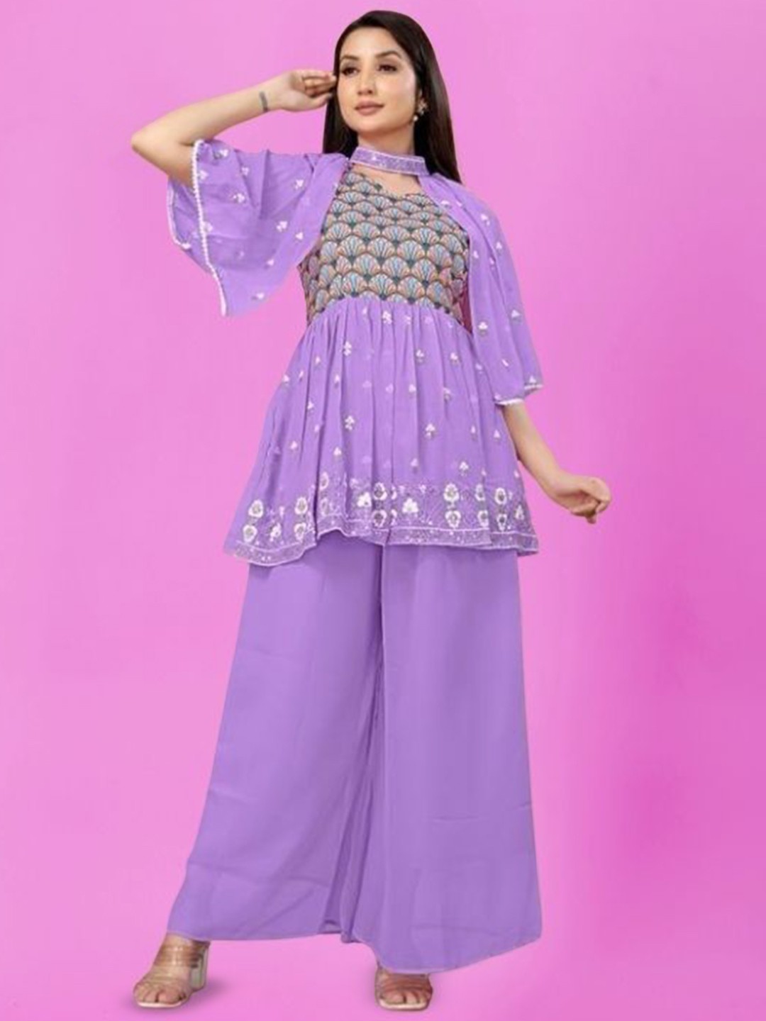 

PARROT CREATION Embroidered Straight Sequinned Kurti With Palazzos And Dupatta, Lavender