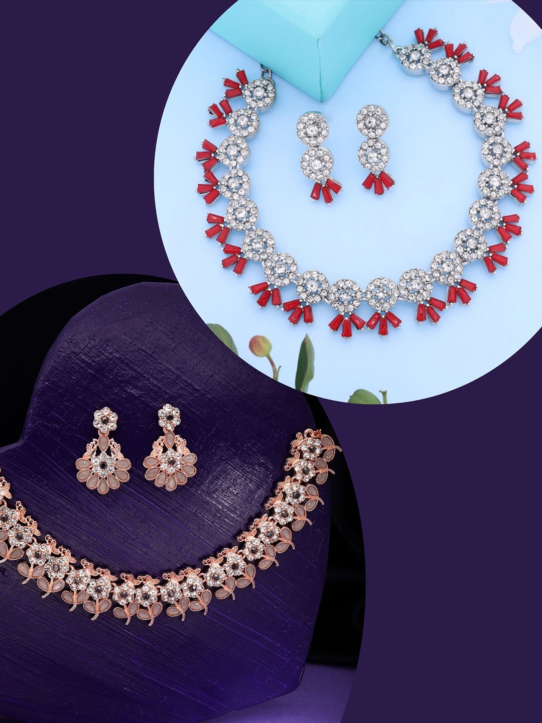 

DIVASTRI Set Of 2 Rose Gold-Plated Artificial Stones-Studded Necklace and Earrings
