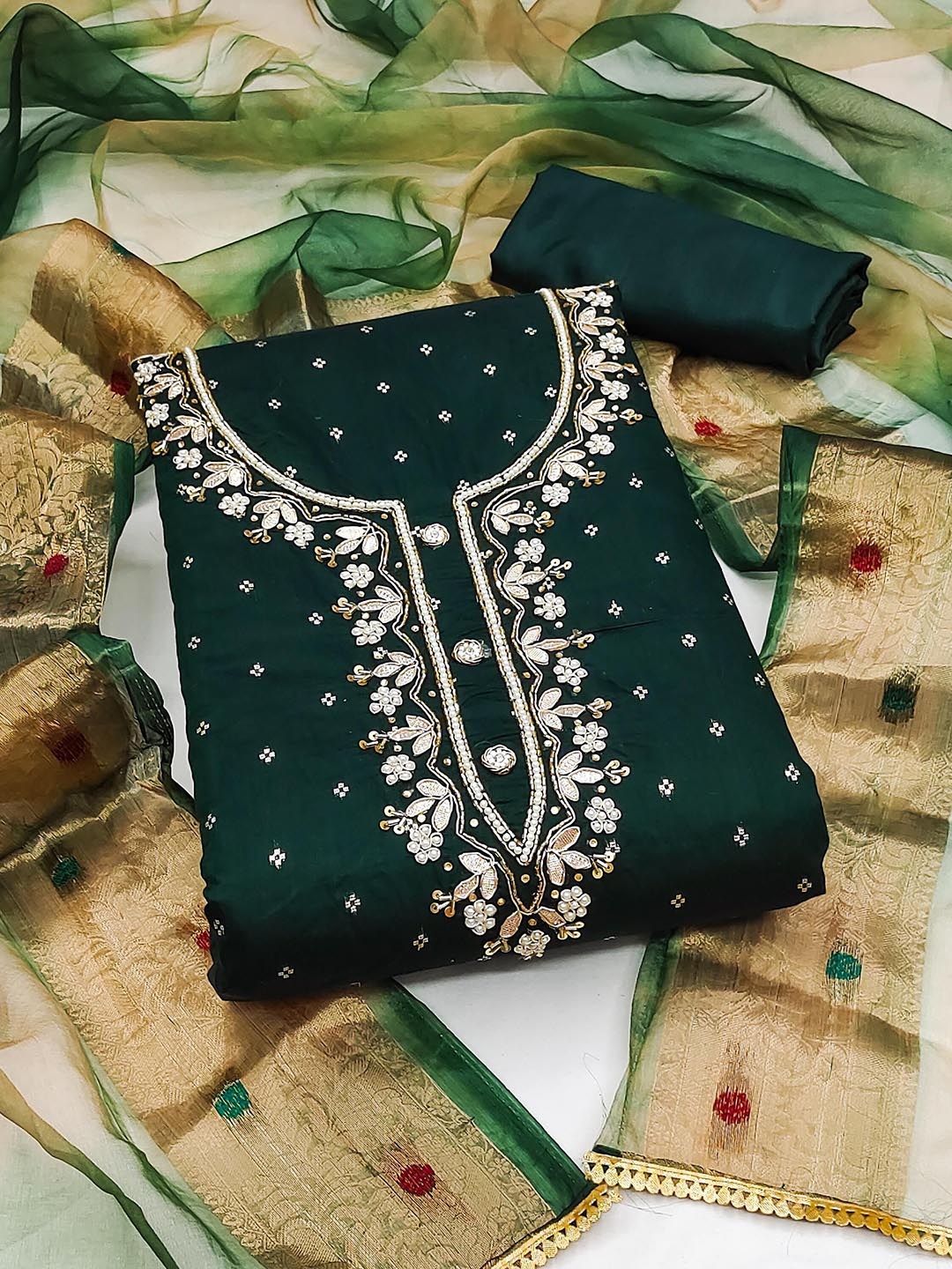 

SAINOOR Floral Woven Design Beads and Stones Unstitched Dress Material, Green