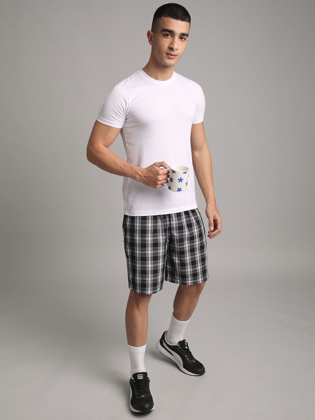 

BStories Men Checked Mid-Rise Lounge Shorts, Black