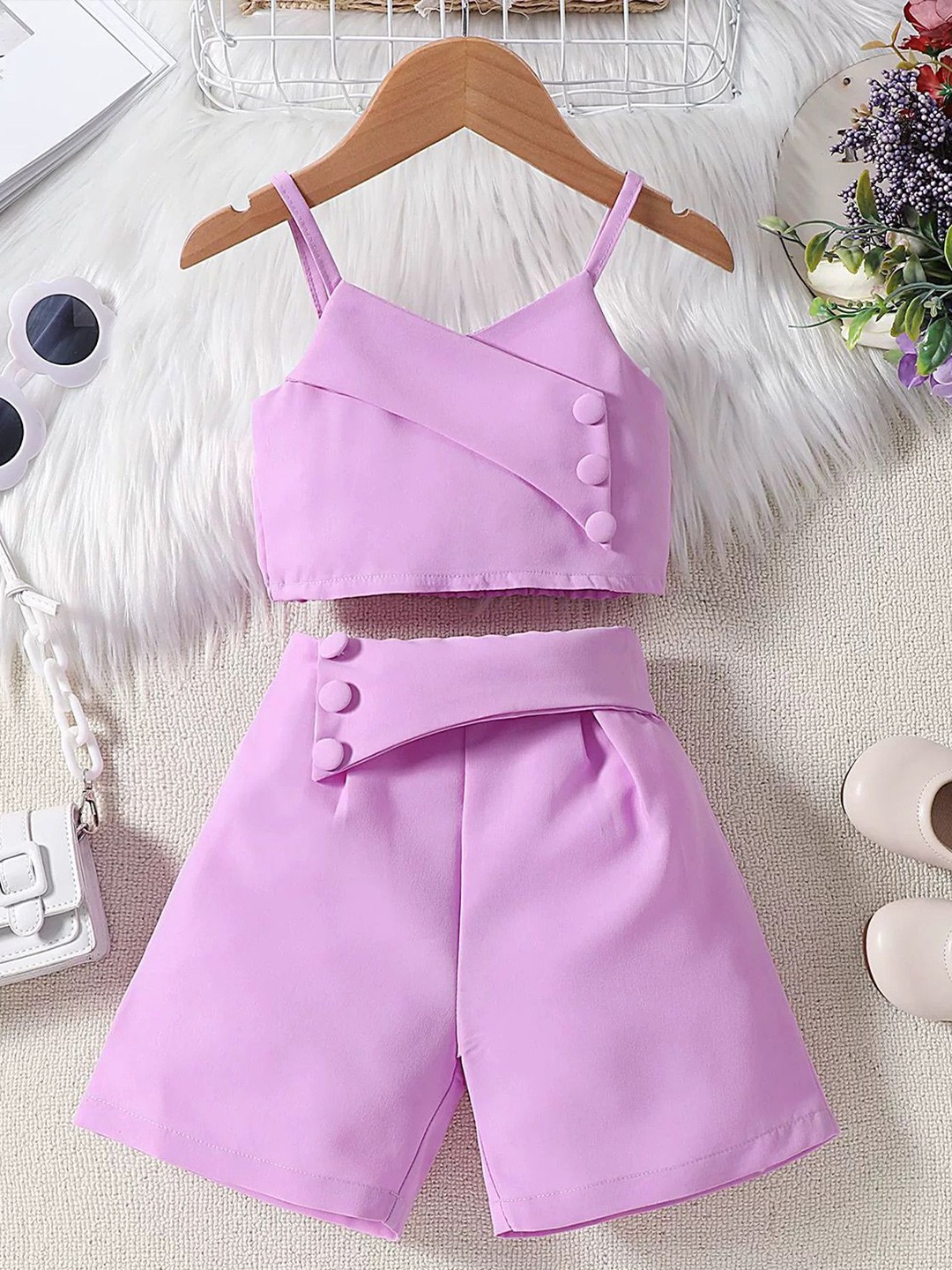 

LULU & SKY Girls Shoulder Straps Crop Top With Shorts, Violet