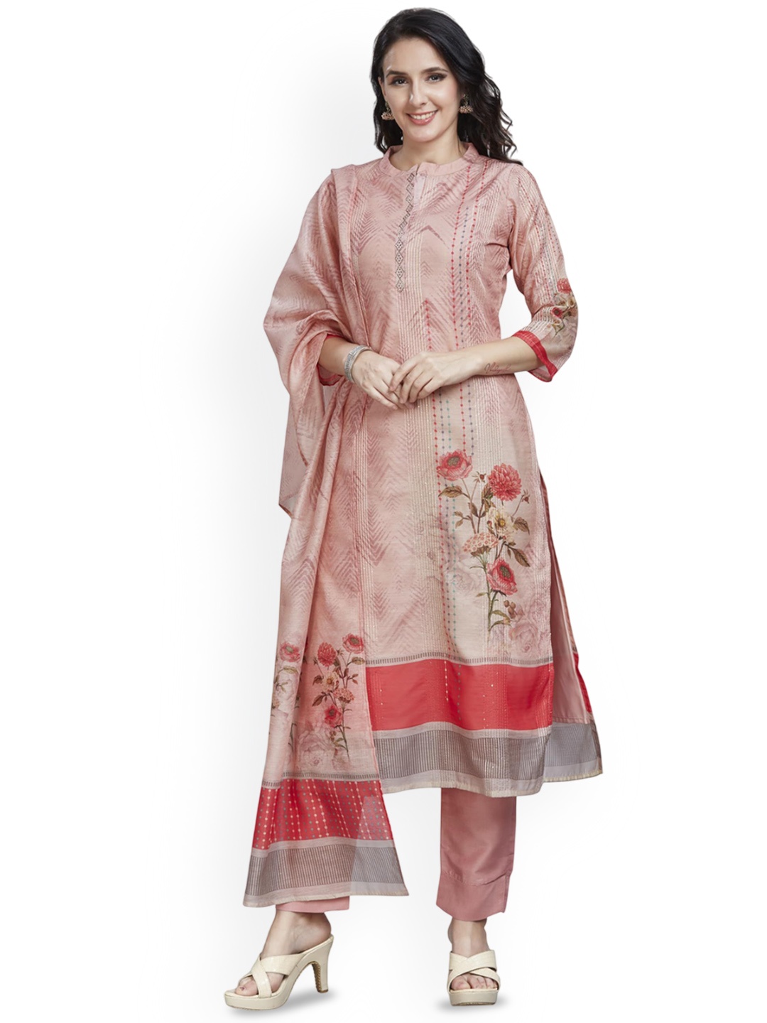 

Nioni Floral Printed Sequinned Chanderi Silk Straight Kurta With Trousers & Dupatta, Peach