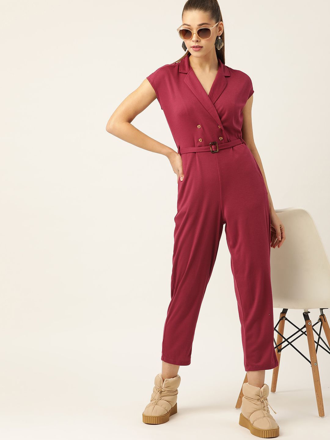 

DressBerry Women Solid Shirt Collar Neck Sleeveless Basic Jumpsuit, Maroon